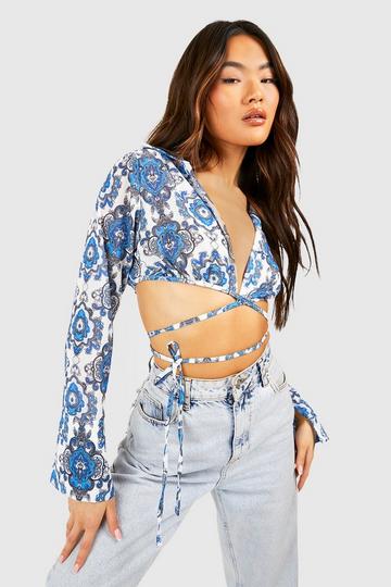 Paisley Print Tie Front Cropped Shirt blue