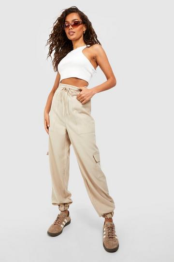 Stone Beige High Waisted Woven Cargo Jogger