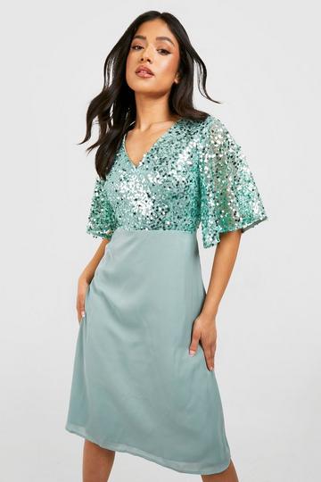 Petite Occasion Sequin Angel Sleeve Midi Dress sage