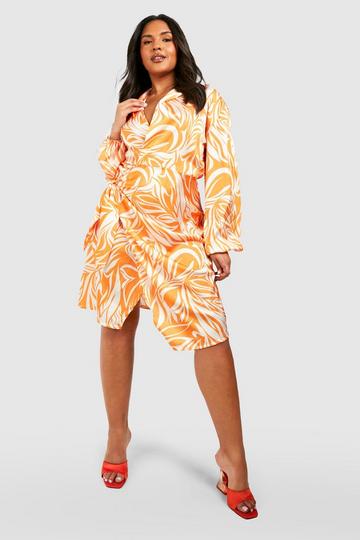 Plus Zebra Satin Wrap Midi Dress orange