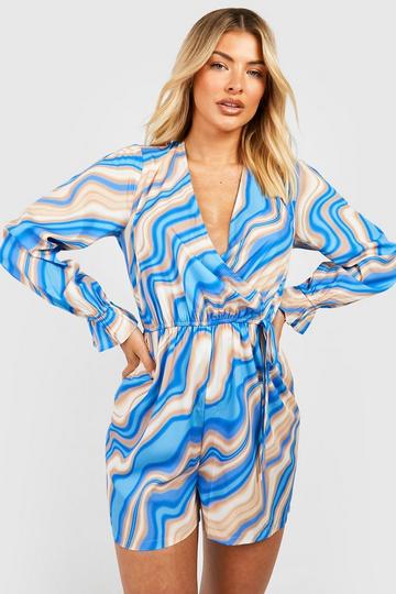 Marble Wrap Front Long Sleeve Playsuit blue