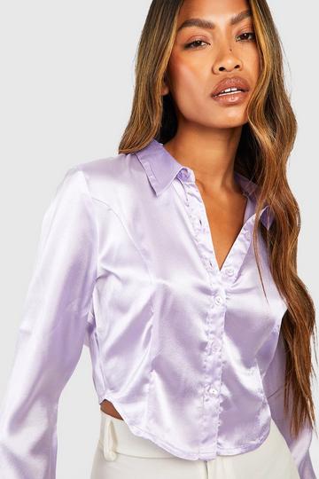Lilac Purple Satin Seam Detail Cropped Shirt