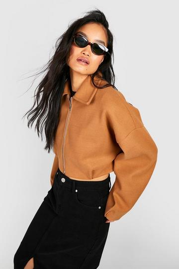 Cropped Wool Look Zip Up Bomber Jacket camel