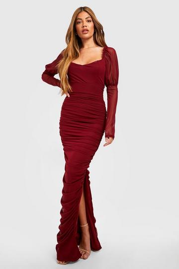 Mesh Square Neck Ruched Maxi Dress wine
