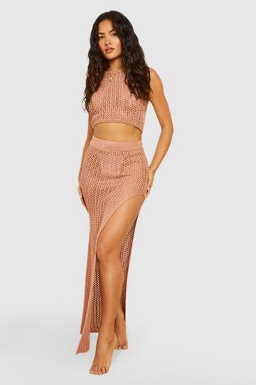 Crochet Crop Maxi Skirt Beach Co-ord taupe