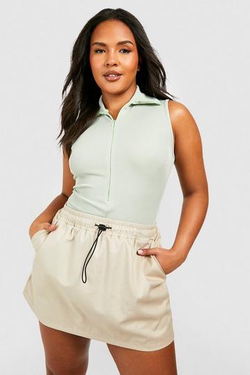 Sage Green Plus Zip Front Sleeveless Bodysuit