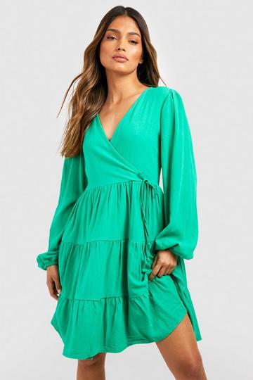 Green Linen Tiered Wrap Smock Dress