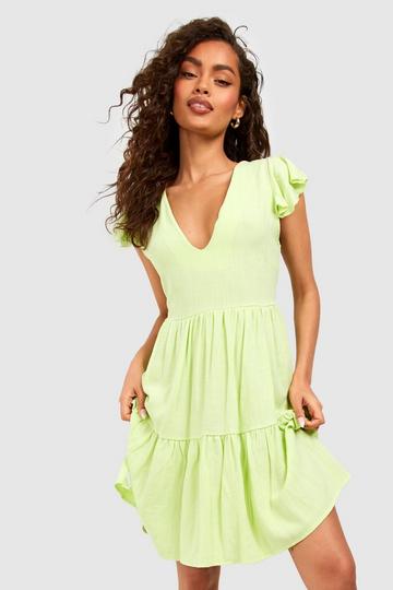 Linen Frill Tiered Smock Dress lime