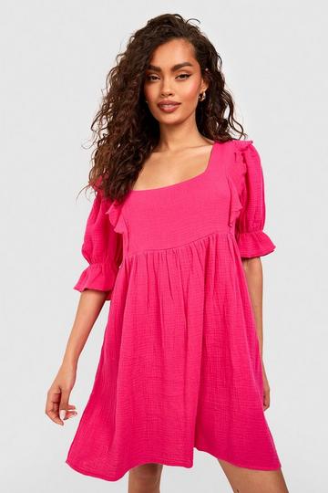 Textured Cotton Ruffle Smock Dress hot pink