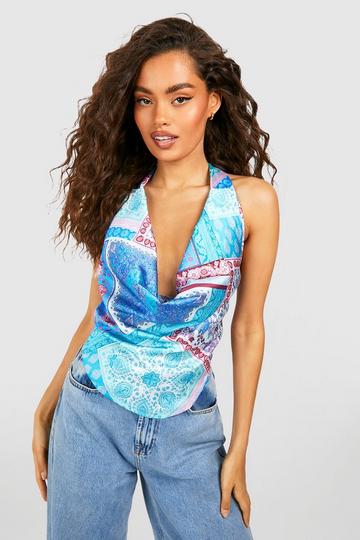 Cowl Neck Halter Paisley Print Cropped Top blue