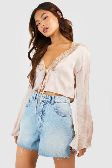 White Lace Trim Flared Sleeve Tie Detail Blouse