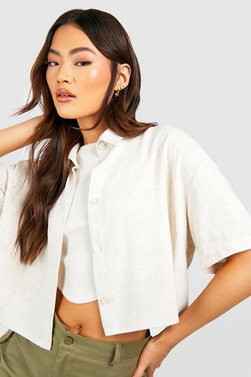 White Linen Mix Oversized Boxy Cropped Short Sleeve Shirt