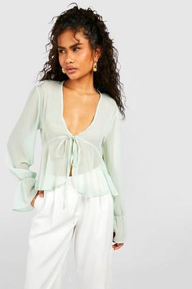 Petite Sage Green Sheer Lace Asymetric Crop Top