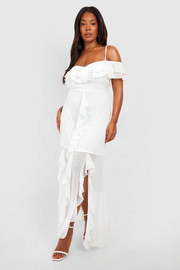 White Plus Ruffle Cold Shoulder Maxi Dress