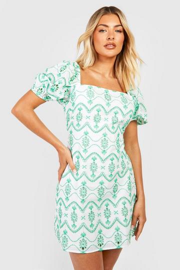 Puff Sleeve Printed Broderie Shift Dress white