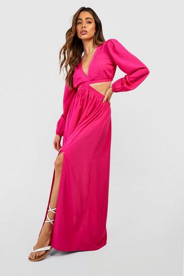 Plunge Cut Out Waist Maxi Dress hot pink