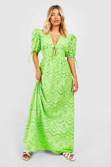 Broderie Puff Sleeve Tie Front Maxi Dress lime