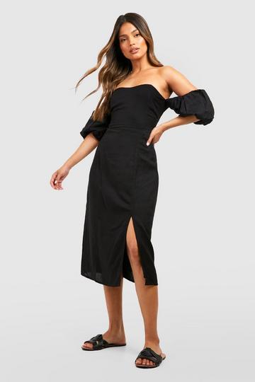 Black Linen Puff Sleeve Tie Back Shift Dress