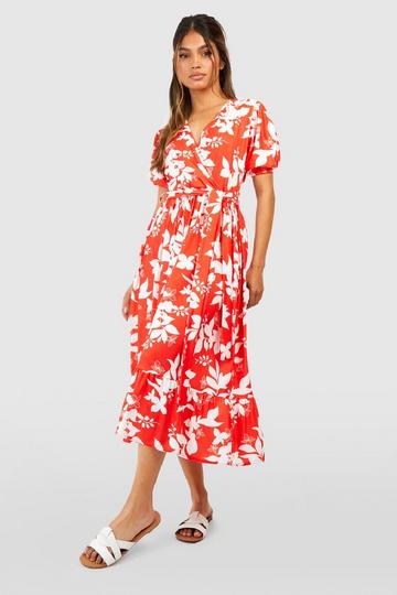 Red Floral Puff Sleeve Wrap Midi Dress