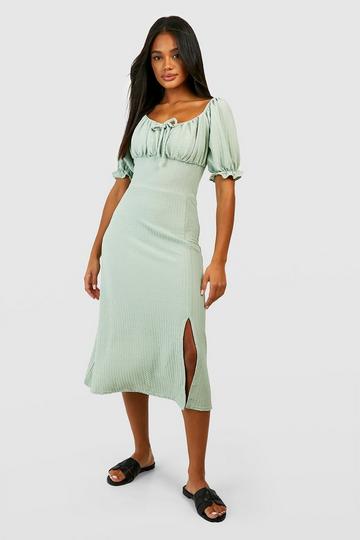 Sage Green Textured Floral Milkmaid Midi Dress