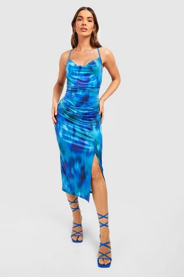 Blue Abstract Printed Slinky Midi Slip Dress