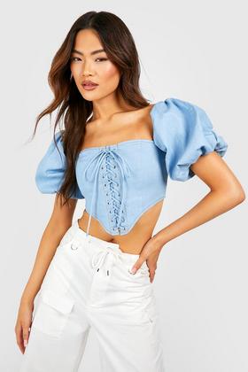 Printed Butterfly Placement Denim Corset Top