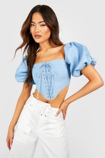 Blue Lace Up Puff Sleeve Chambray Corset