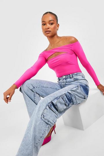 Tall Slinky Off The Shoulder Cut Out Bodysuit hot pink