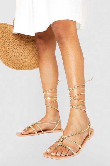 Gold Metallic Wide Width Knot Detail Crossover Strap Tie Leg Sandals