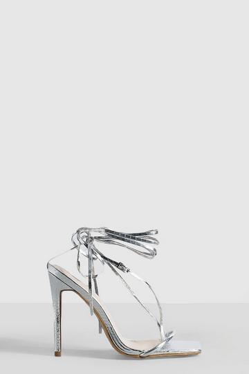 Wide Fit High Buckle Detail Wrap Up Heels silver