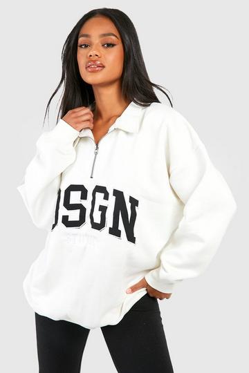 Ecru White Dsgn Studio Slogan Collared Half Zip Oversized Sweatshirt