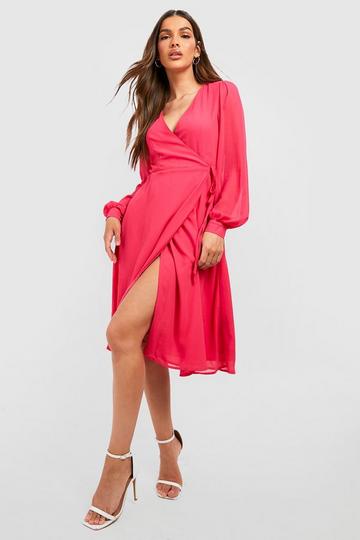 Chiffon Wrap Long Sleeve Midi Dress hot pink