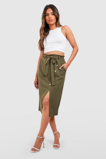 Belted Button Front Pencil Skirt khaki