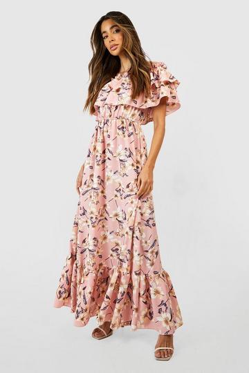 Floral Ruffle Off The Shoulder Maxi Dress blush