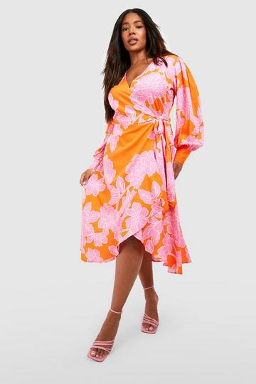 Plus Floral Ruffle Wrap Dress orange