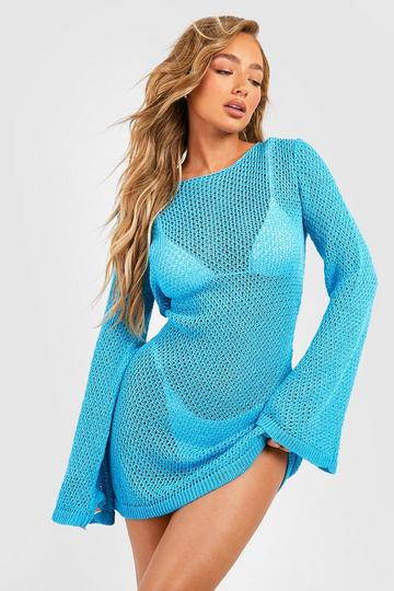 Turquoise Blue Crochet Knit Flare Sleeve Beach Mini Dress