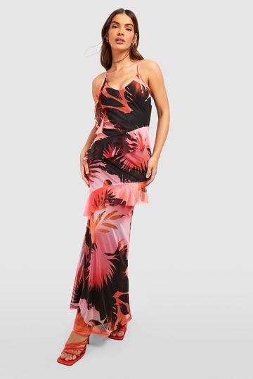 Abstract Palm Print Ruffle Mesh Maxi Dress pink