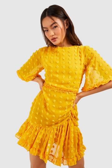 Textured Dobby Ruffle Tea Dress mustard