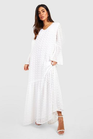 Cream White Textured Dobby Flare Sleeve Maxi Dress