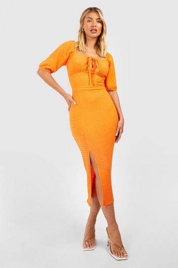 Orange Textured Rouched Bust Midi Dress