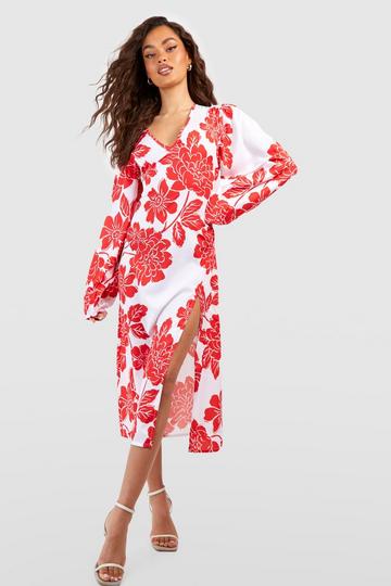 Red Floral V Neck Midi Dress