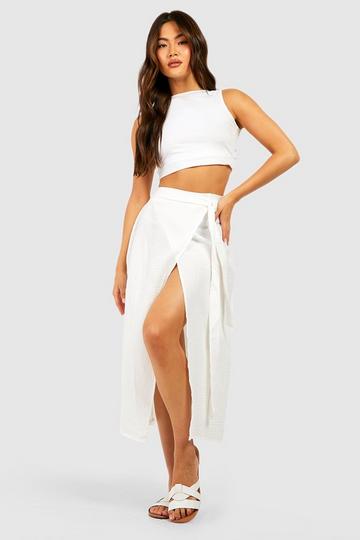 Cotton Crinkle Midi Wrap Skirt white
