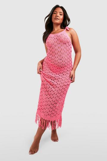 Plus Crochet Tie Shoulder Tassel Hem Dress hot pink