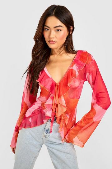 Pink Floral Mesh Tie Front Ruffle Longline Top