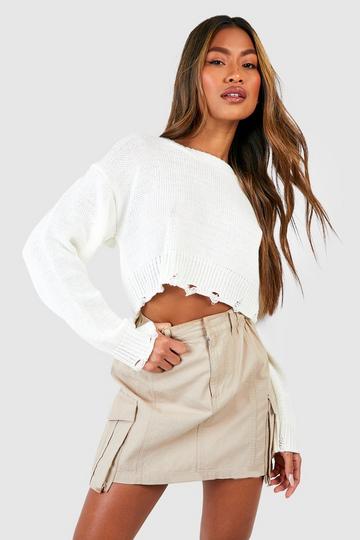 Distressed Hem Crop Jumper cream