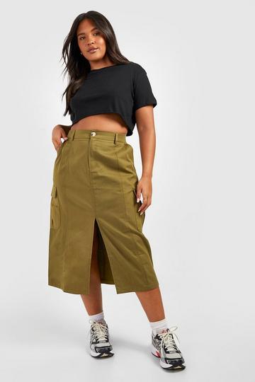 Plus Denim Pocket Split Front Cargo Midaxi Skirt khaki