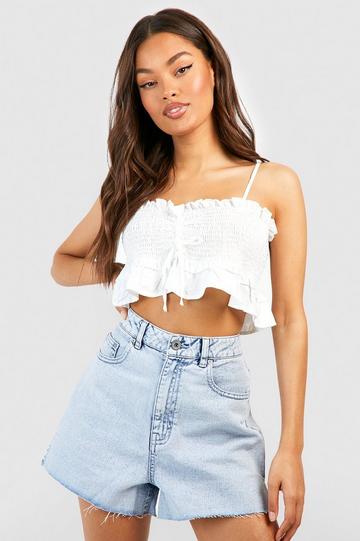 White Shirred Chambray Crop Top
