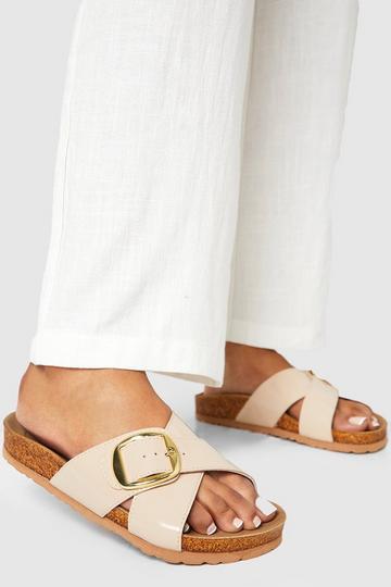 Wide Fit Crossover Strap Patent Footbed Sliders beige