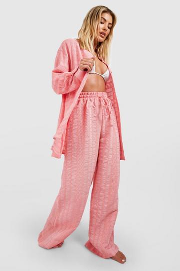 Pink Textured Palazzo Wide Leg Beach Trousers