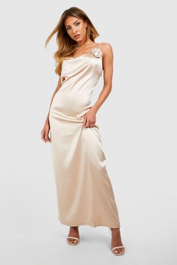 Champagne Beige Satin Occasion Maxi Dress